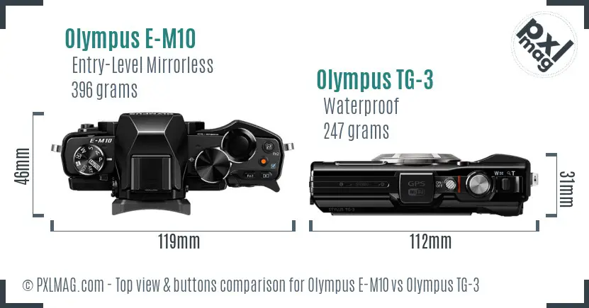 Olympus E-M10 vs Olympus TG-3 top view buttons comparison
