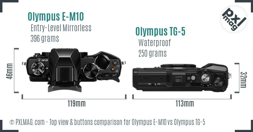 Olympus E-M10 vs Olympus TG-5 top view buttons comparison
