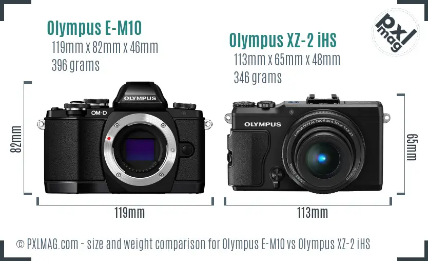 Olympus E-M10 vs Olympus XZ-2 iHS size comparison