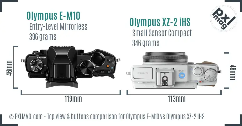 Olympus E-M10 vs Olympus XZ-2 iHS top view buttons comparison