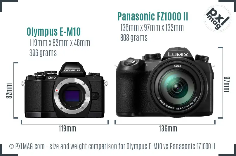 Olympus E-M10 vs Panasonic FZ1000 II size comparison