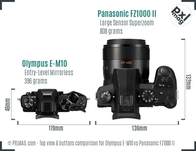 Olympus E-M10 vs Panasonic FZ1000 II top view buttons comparison