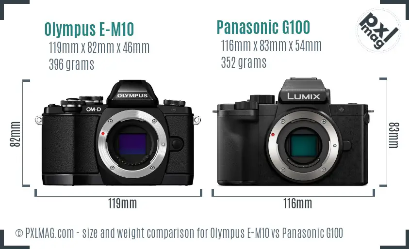 Olympus E-M10 vs Panasonic G100 size comparison