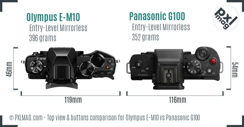Olympus E-M10 vs Panasonic G100 top view buttons comparison