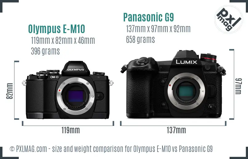 Olympus E-M10 vs Panasonic G9 size comparison