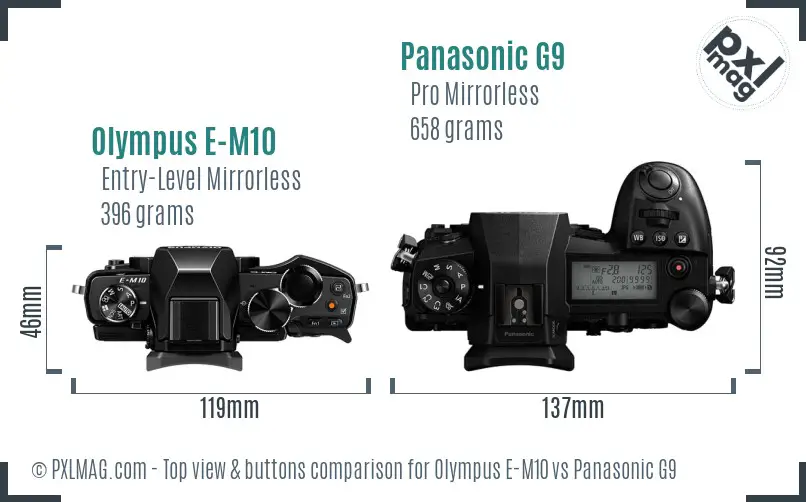 Olympus E-M10 vs Panasonic G9 top view buttons comparison