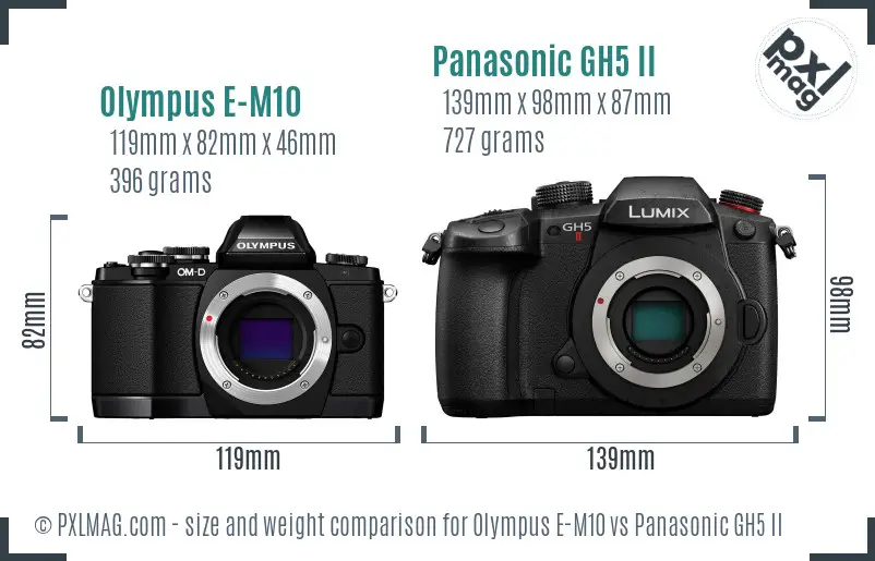 Olympus E-M10 vs Panasonic GH5 II size comparison Olympus E-M10 vs Panasonic GH5 II size comparison