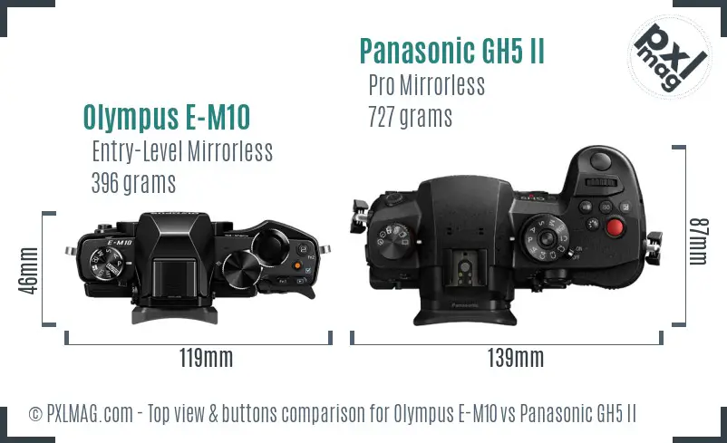 Olympus E-M10 vs Panasonic GH5 II top view buttons comparison Olympus E-M10 vs Panasonic GH5 II top view buttons comparison