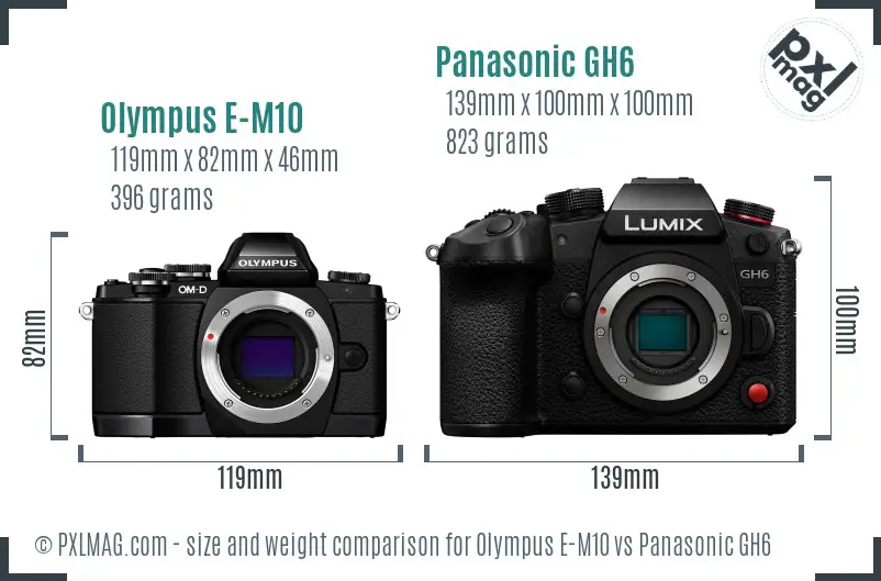 Olympus E-M10 vs Panasonic GH6 size comparison