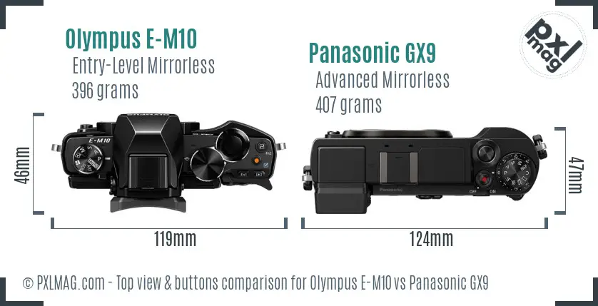 Olympus E-M10 vs Panasonic GX9 top view buttons comparison