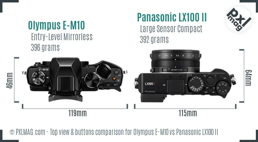 Olympus E-M10 vs Panasonic LX100 II top view buttons comparison
