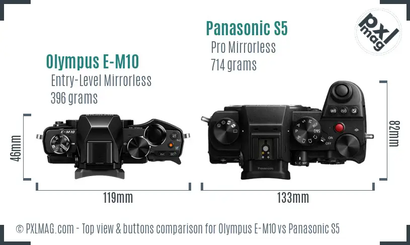 Olympus E-M10 vs Panasonic S5 top view buttons comparison