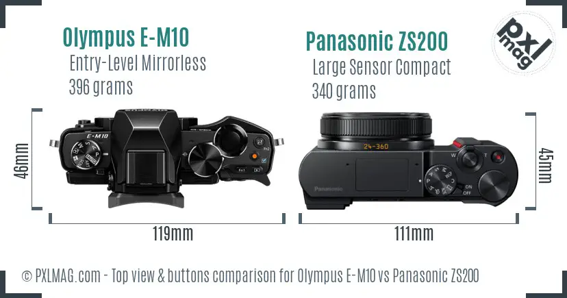 Olympus E-M10 vs Panasonic ZS200 top view buttons comparison