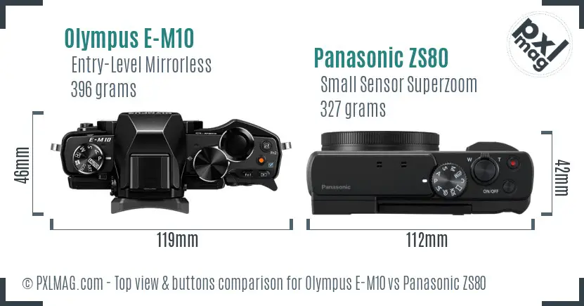 Olympus E-M10 vs Panasonic ZS80 top view buttons comparison