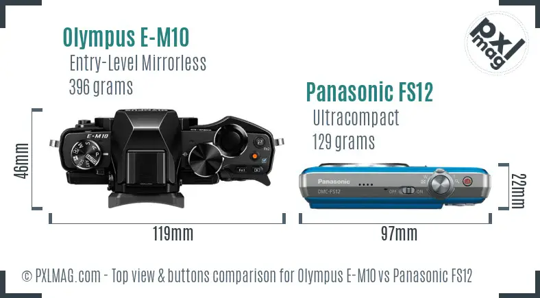 Olympus E-M10 vs Panasonic FS12 top view buttons comparison