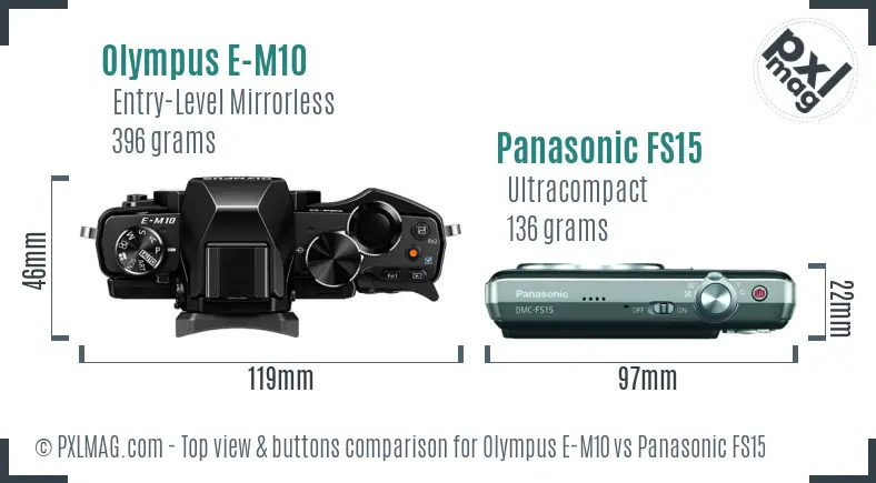 Olympus E-M10 vs Panasonic FS15 top view buttons comparison