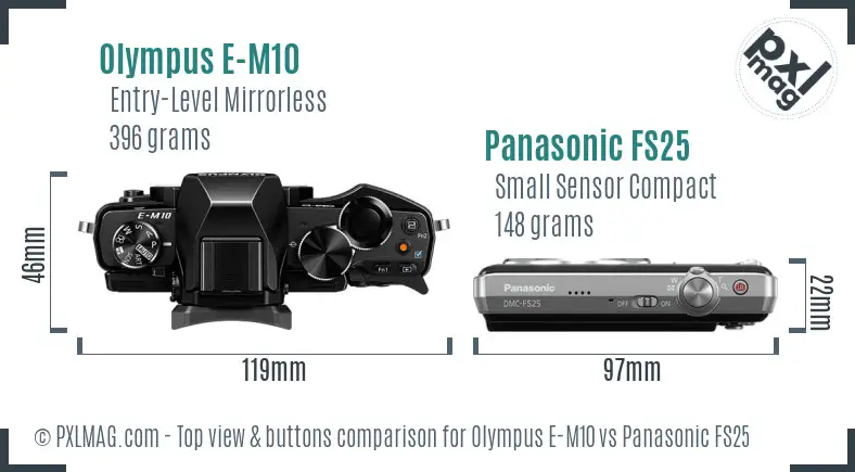 Olympus E-M10 vs Panasonic FS25 top view buttons comparison