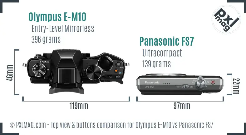Olympus E-M10 vs Panasonic FS7 top view buttons comparison