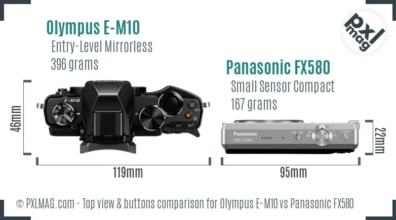 Olympus E-M10 vs Panasonic FX580 top view buttons comparison