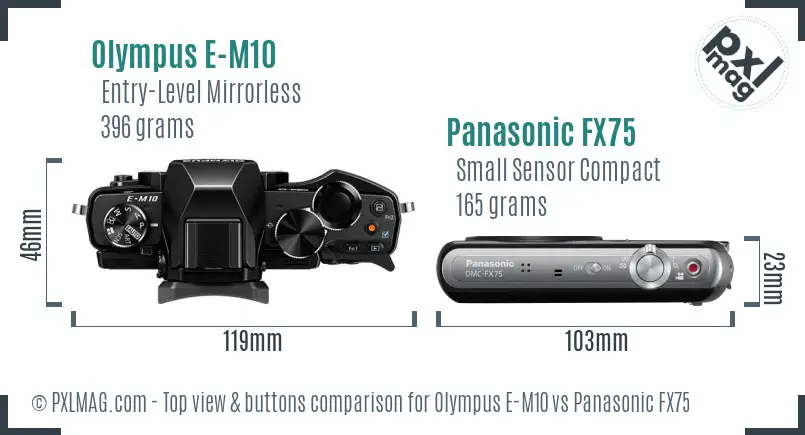 Olympus E-M10 vs Panasonic FX75 top view buttons comparison