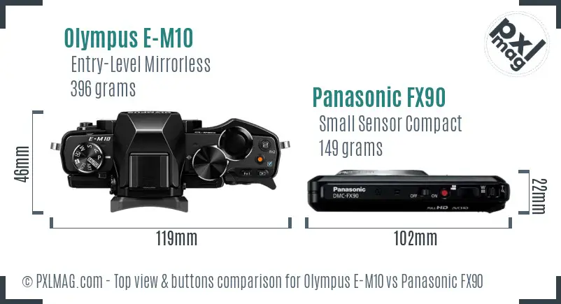 Olympus E-M10 vs Panasonic FX90 top view buttons comparison