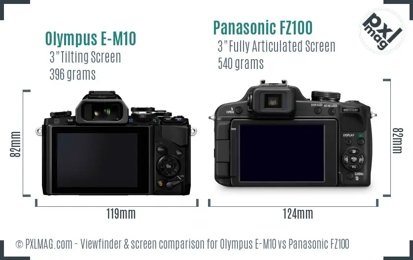 Olympus E-M10 vs Panasonic FZ100 Screen and Viewfinder comparison