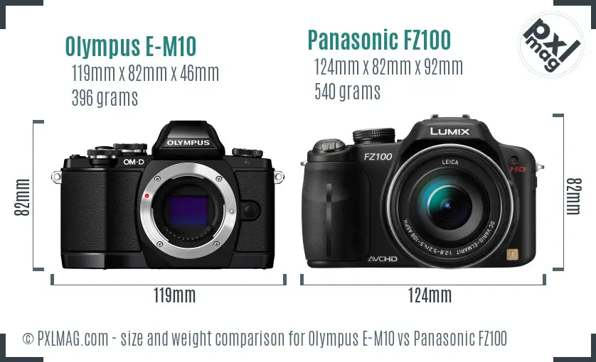 Olympus E-M10 vs Panasonic FZ100 size comparison