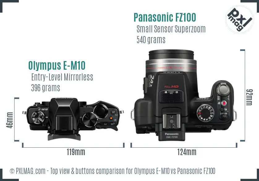 Olympus E-M10 vs Panasonic FZ100 top view buttons comparison