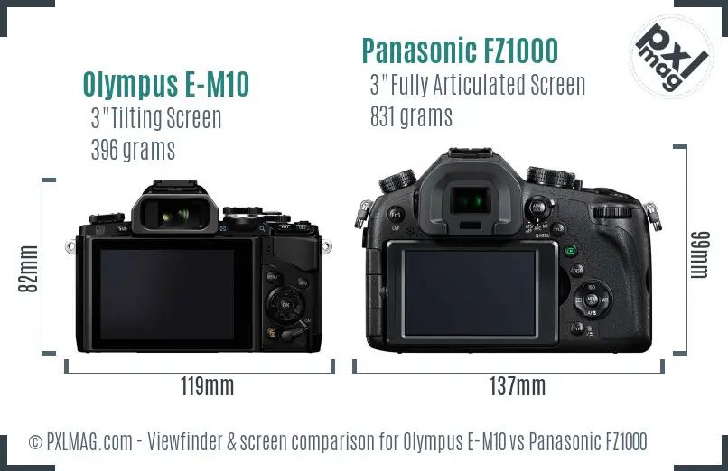 Olympus E-M10 vs Panasonic FZ1000 Screen and Viewfinder comparison