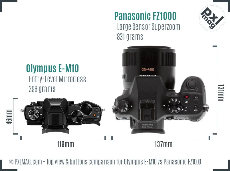 Olympus E-M10 vs Panasonic FZ1000 top view buttons comparison