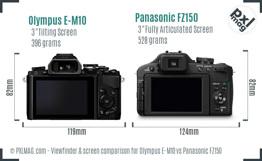 Olympus E-M10 vs Panasonic FZ150 Screen and Viewfinder comparison