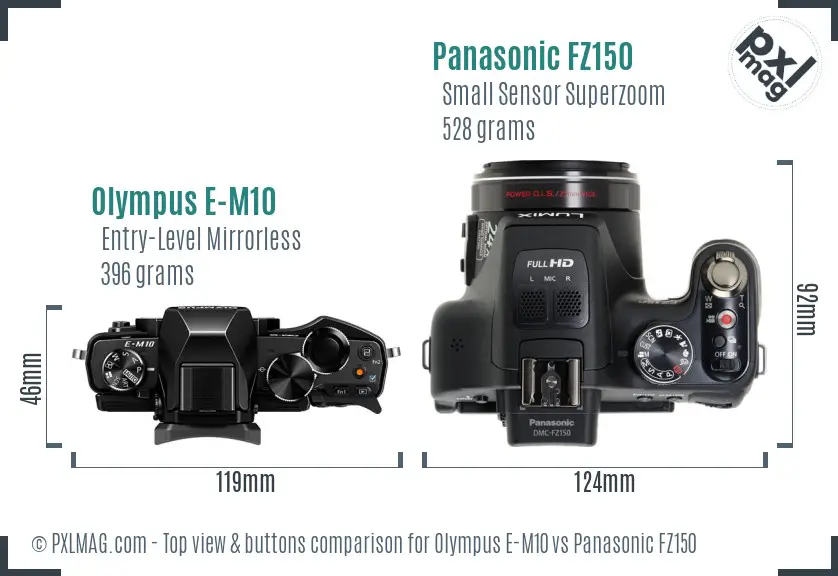 Olympus E-M10 vs Panasonic FZ150 top view buttons comparison