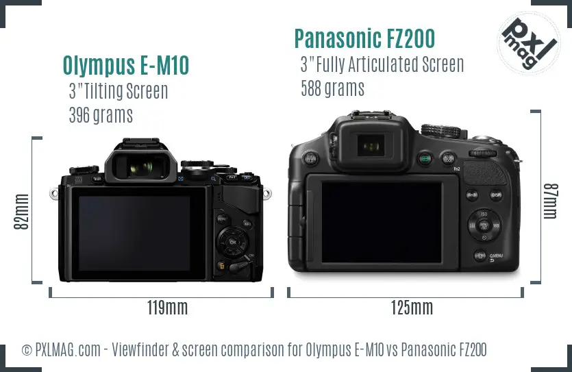 Olympus E-M10 vs Panasonic FZ200 Screen and Viewfinder comparison