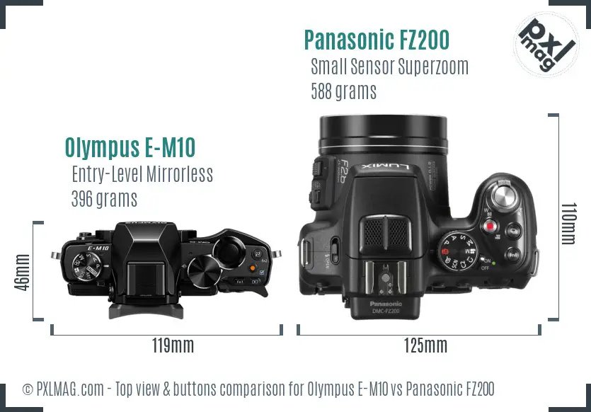 Olympus E-M10 vs Panasonic FZ200 top view buttons comparison