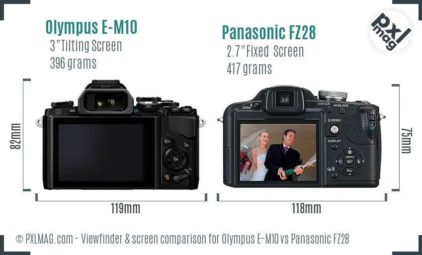 Olympus E-M10 vs Panasonic FZ28 Screen and Viewfinder comparison