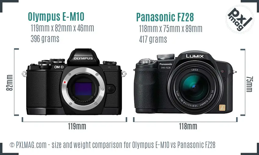 Olympus E-M10 vs Panasonic FZ28 size comparison