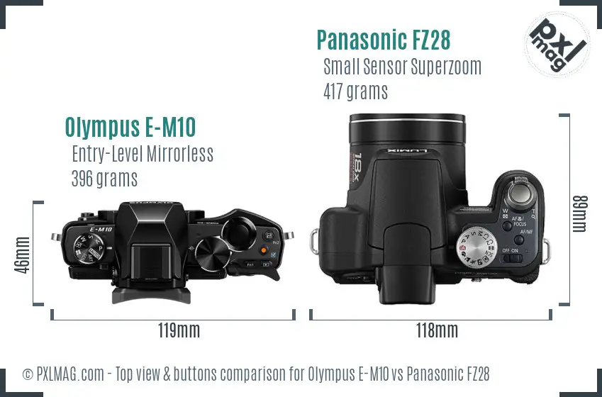 Olympus E-M10 vs Panasonic FZ28 top view buttons comparison