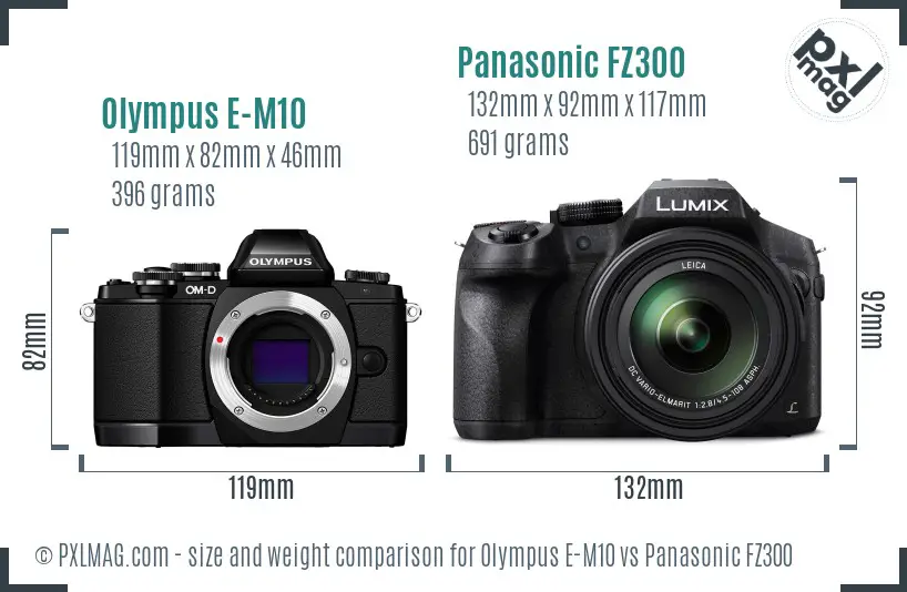 Olympus E-M10 vs Panasonic FZ300 size comparison