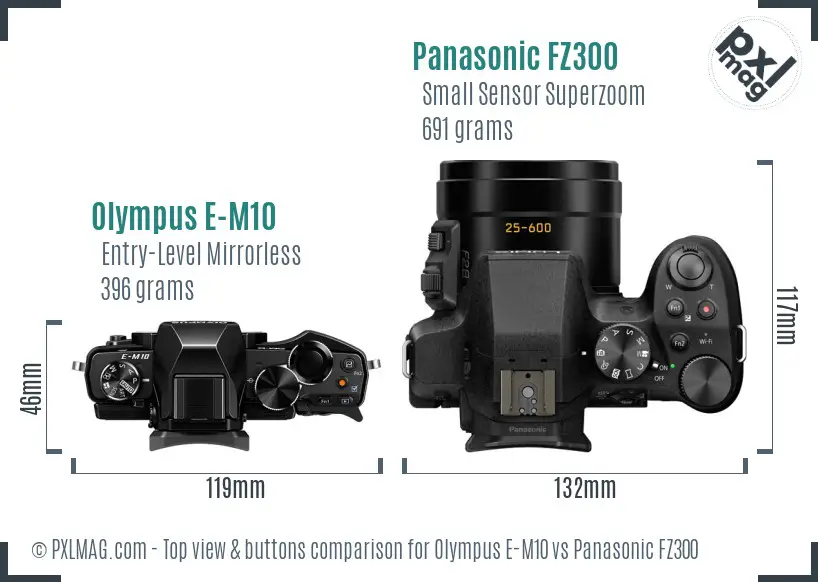 Olympus E-M10 vs Panasonic FZ300 top view buttons comparison