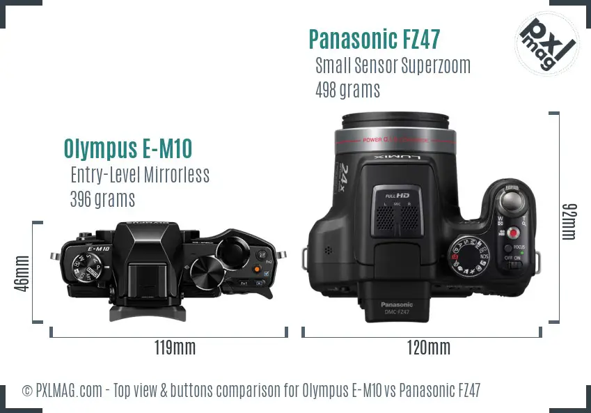 Olympus E-M10 vs Panasonic FZ47 top view buttons comparison