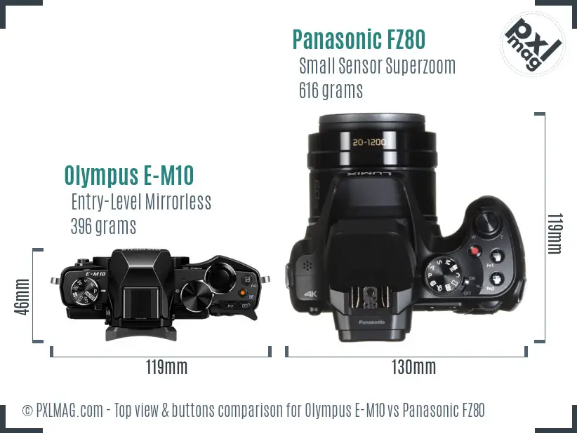 Olympus E-M10 vs Panasonic FZ80 top view buttons comparison