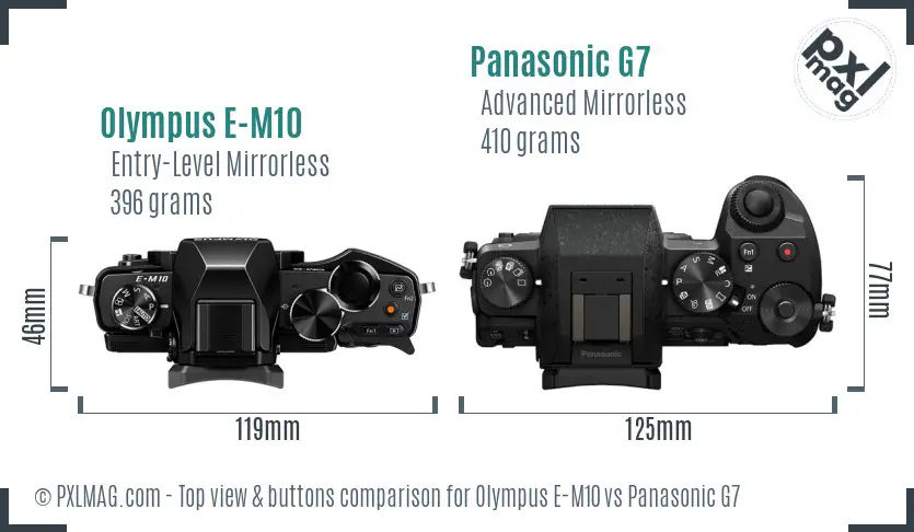 Olympus E-M10 vs Panasonic G7 top view buttons comparison