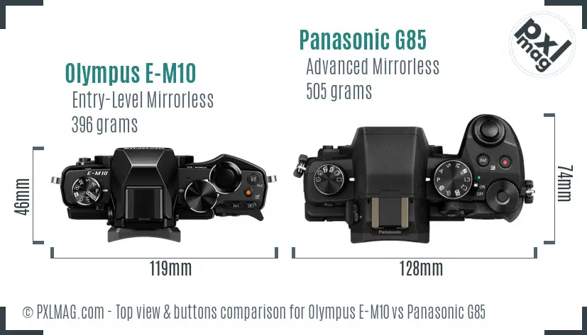 Olympus E-M10 vs Panasonic G85 top view buttons comparison