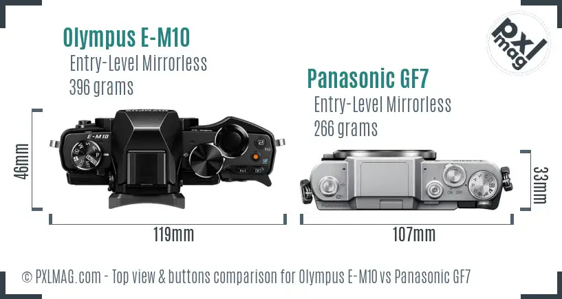 Olympus E-M10 vs Panasonic GF7 top view buttons comparison