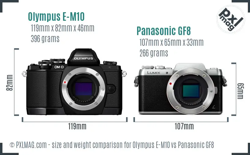 Olympus E-M10 vs Panasonic GF8 size comparison