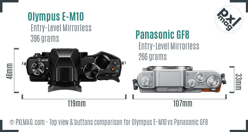 Olympus E-M10 vs Panasonic GF8 top view buttons comparison