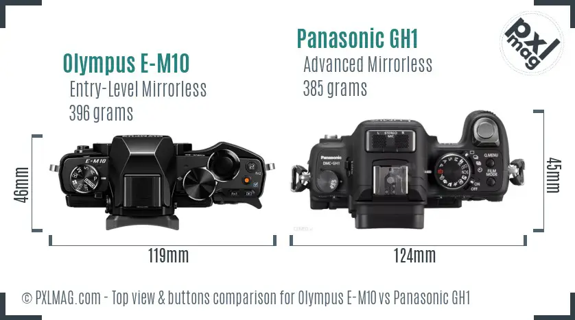 Olympus E-M10 vs Panasonic GH1 top view buttons comparison