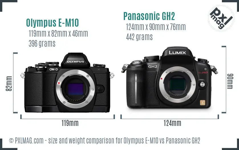 Olympus E-M10 vs Panasonic GH2 size comparison