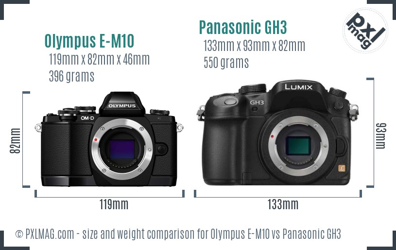 Olympus E-M10 vs Panasonic GH3 size comparison