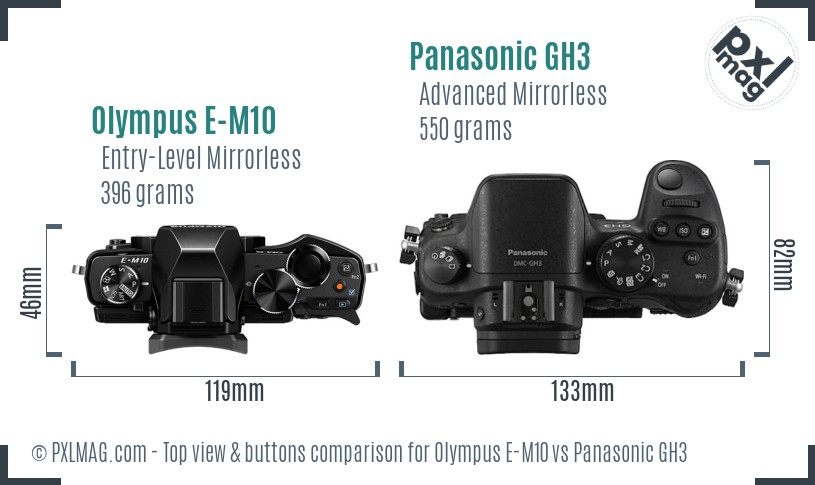 Olympus E-M10 vs Panasonic GH3 top view buttons comparison